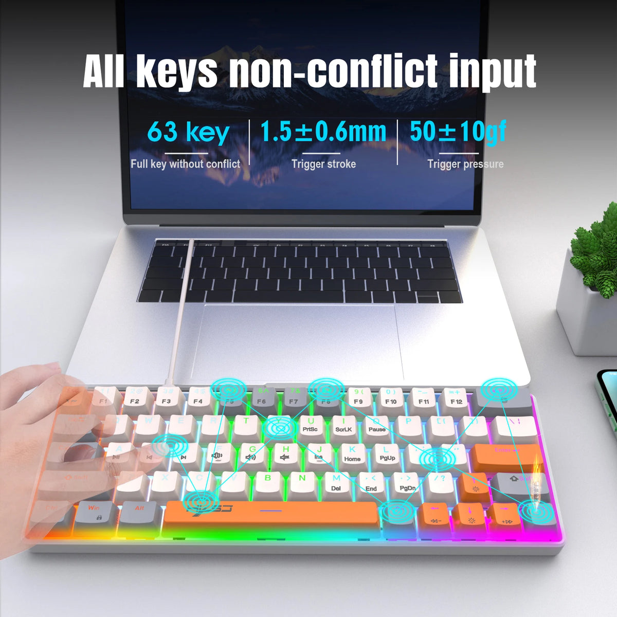 Three Color keys True Mechanical Keyboard Mini Wired Blue/Red Switch 63 Keys RGB Backlight Keyboard for Laptop PC