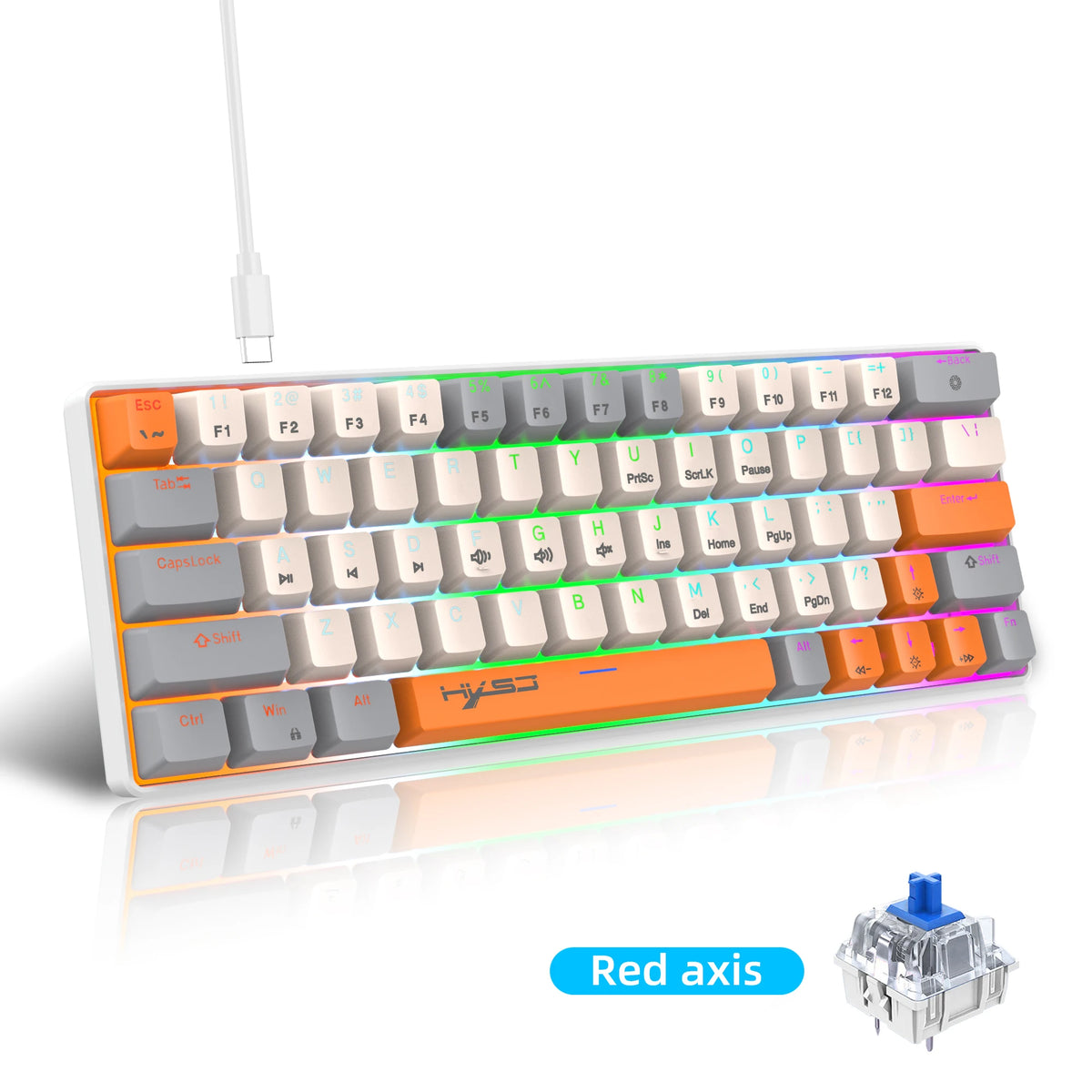 Three Color keys True Mechanical Keyboard Mini Wired Blue/Red Switch 63 Keys RGB Backlight Keyboard for Laptop PC